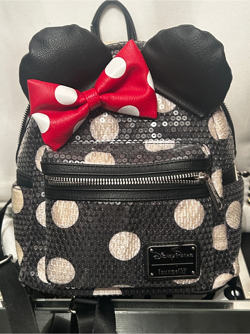 Loungefly Black Sequin Polka Dot Mini Backpack with Red Bow